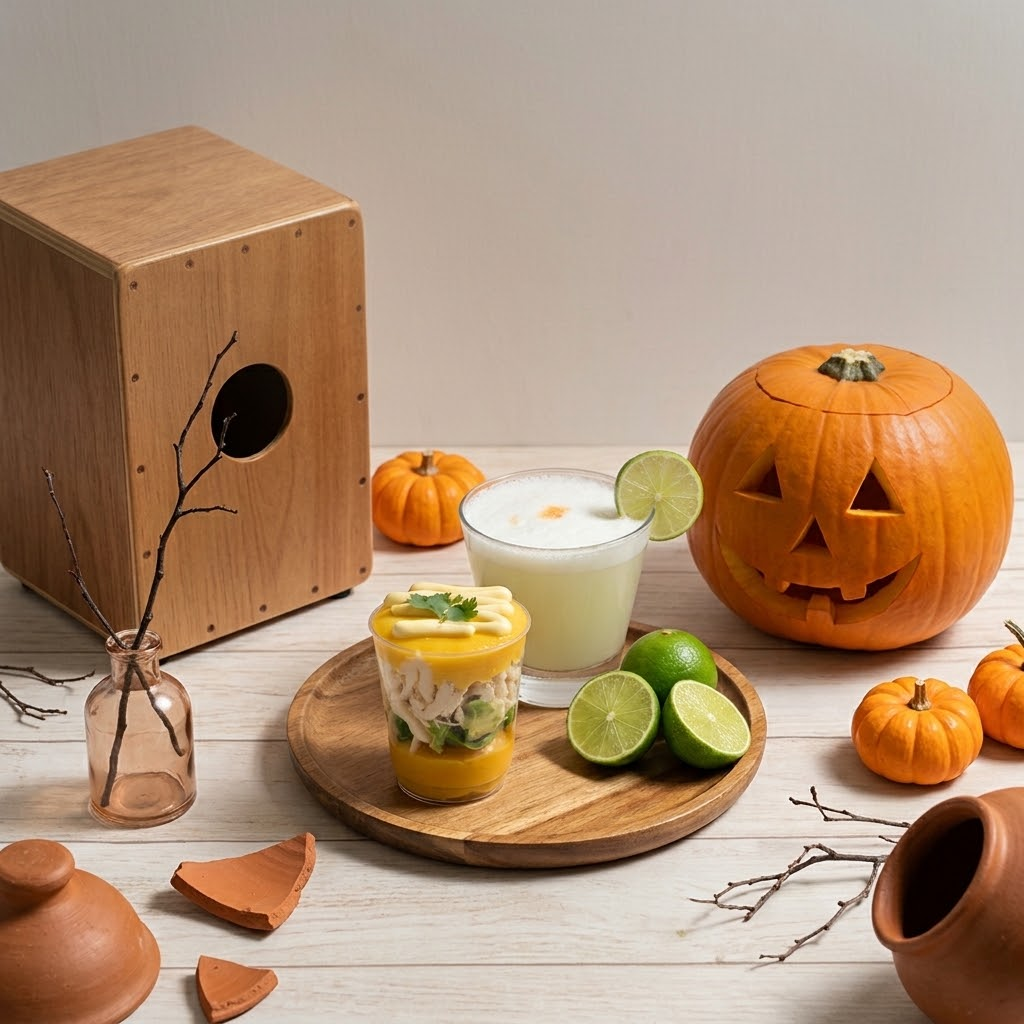 Bocadito y bebida junto a un cajón peruano y calabazas de Halloween